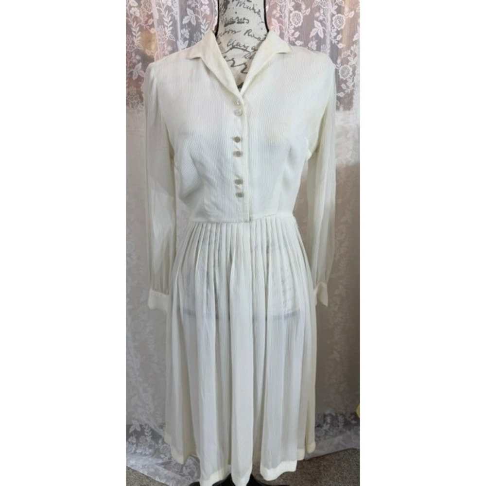 Vintage 50s Cream Pleated Long Sleeve Midi Dress Button Front Sheer Ribbed 1950s